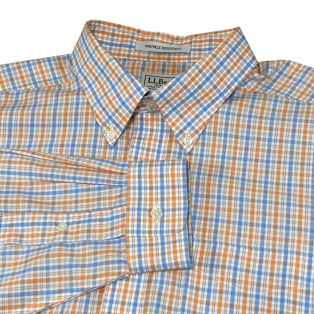 LL Bean Mens Large Regular Wrinkle Resistant Plaid Button Down Shirt Orange Blue